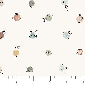 Cotton Tale C2606 - Bunny & cat faces, balloons & fruit on cream background