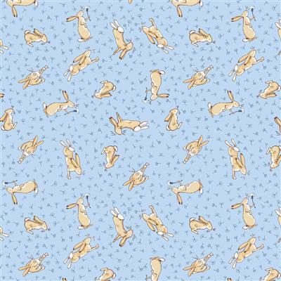 Guess How Much I Love You 2 - Bunnies with dandelions on light denim background