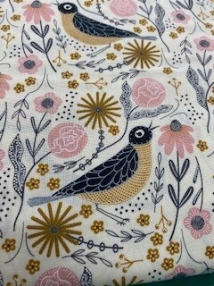 Birdsong - Charcoal & gold birds with pink flowers