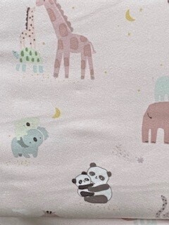 Safari Stargazing Flannel - Mother & baby giraffes, panda's elephants etc on soft pink background