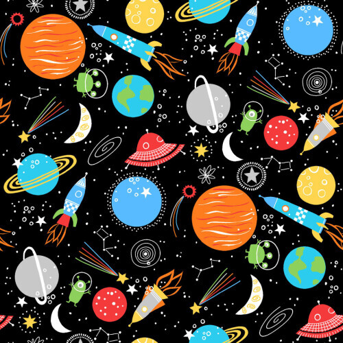 Playtime Flannel - Planets amd stars on black background