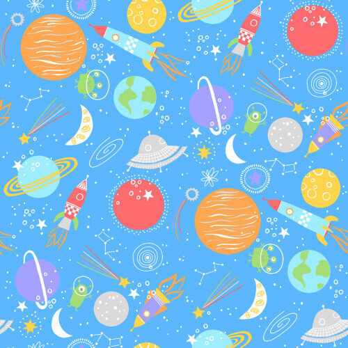 Playtime Flannel - Planets and stars on blue background