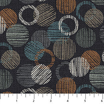 Dots & Dashes Flannel -Overlapping circles of  Aqua, Rust, Grey & White on black background