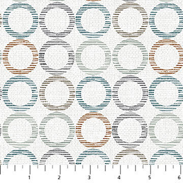 Dots & Dashes Flannel - Rows of Aqua, Rust & Grey circles on light grey background