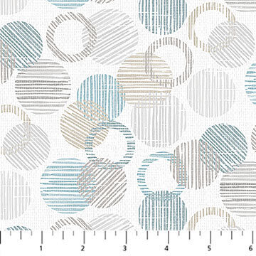 Dots & Dashes Flannel -Overlapping circles of  Aqua & Grey on white background